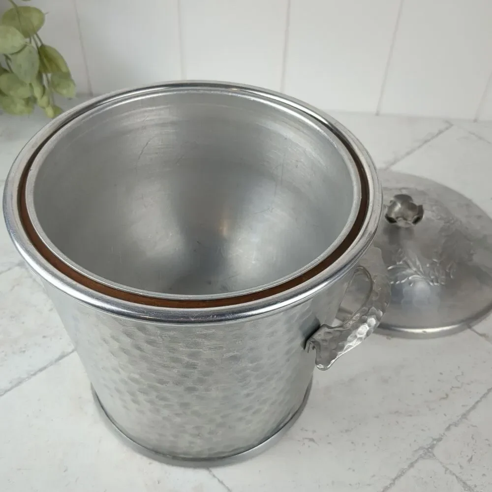Vintage Hammered Aluminum Ice Bucket Floral Rose Midcentury Art Nouveau
